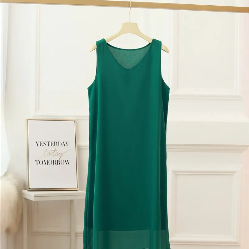 2023 Beach Womens Dress Summer Fashion Brand Mid-length V-neck Solid Color Chiffon Dress