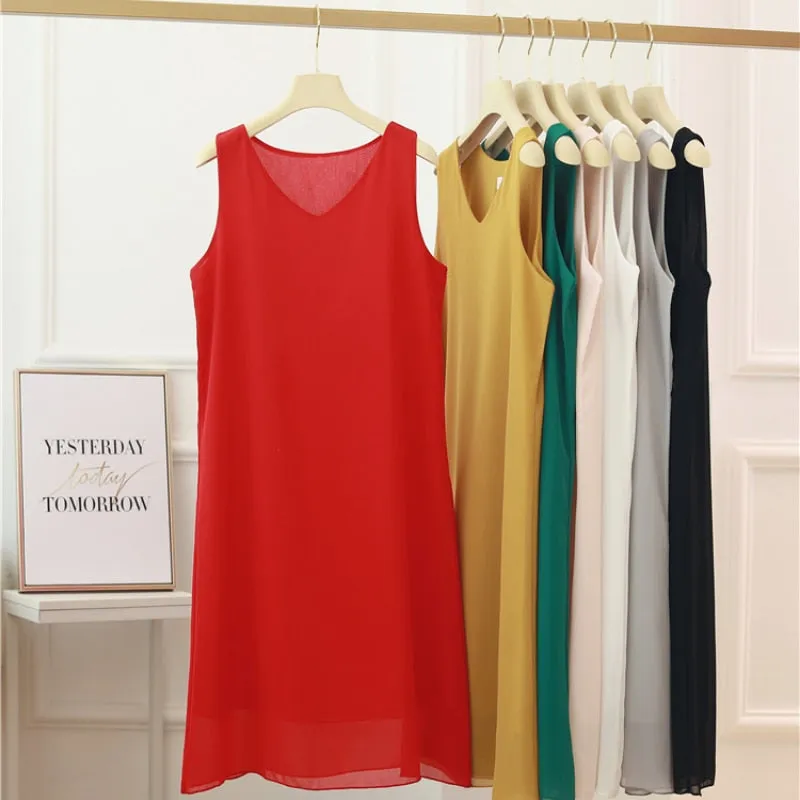2023 Beach Womens Dress Summer Fashion Brand Mid-length V-neck Solid Color Chiffon Dress