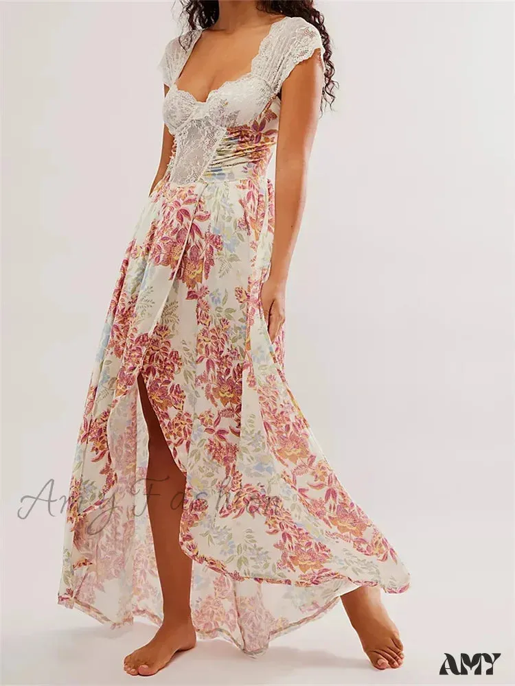 Amy Fashion - Vintage Women Lace Short Sleeve  Casual Floral Print Backless Beach Party Split Summer Vestidos