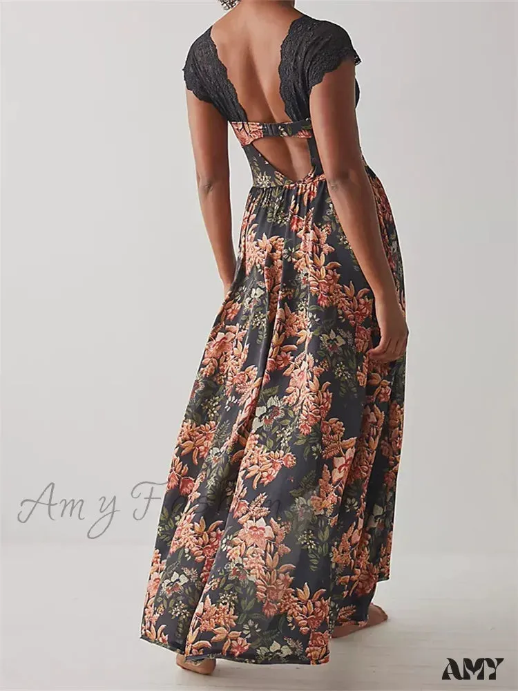Amy Fashion - Vintage Women Lace Short Sleeve  Casual Floral Print Backless Beach Party Split Summer Vestidos
