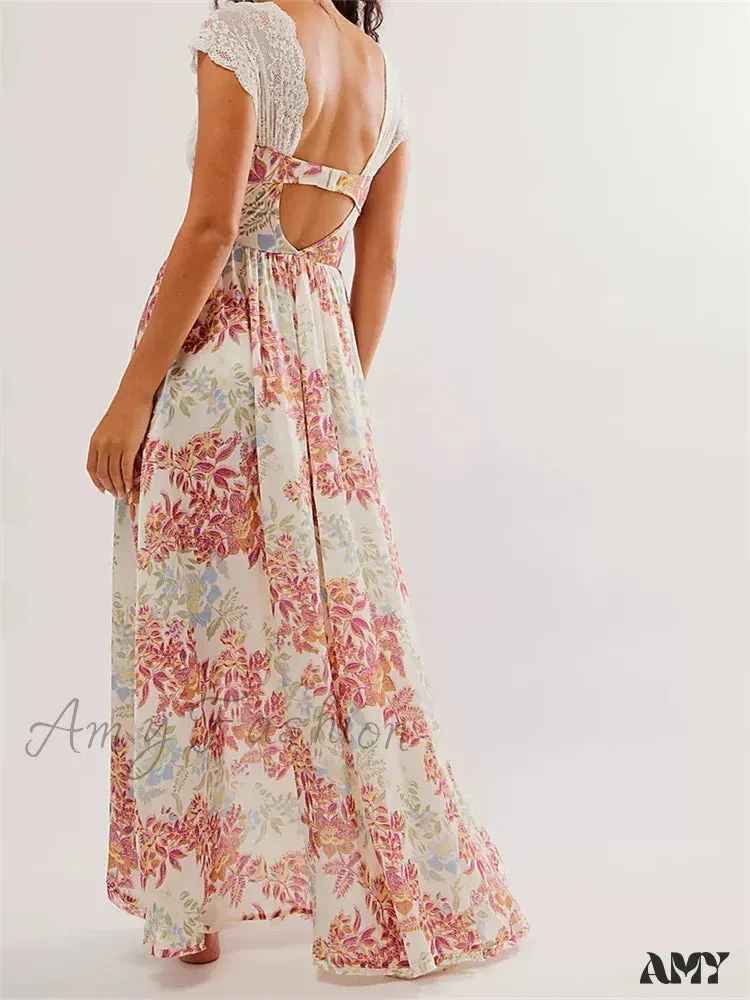 Amy Fashion - Vintage Women Lace Short Sleeve  Casual Floral Print Backless Beach Party Split Summer Vestidos