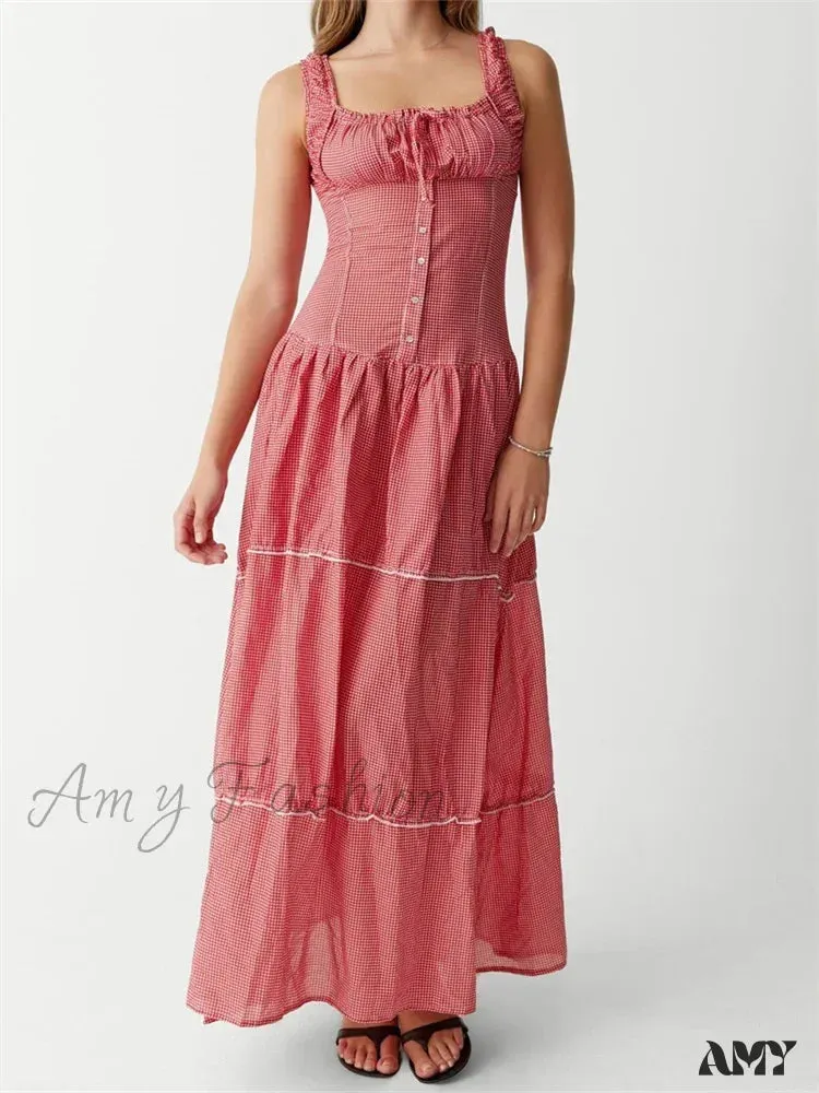 Amy Fashion - Women Summer Sleeveless  Tank Casual Plaid Print Ruffles Party Cocktail Beach Street Ruched Vestidos