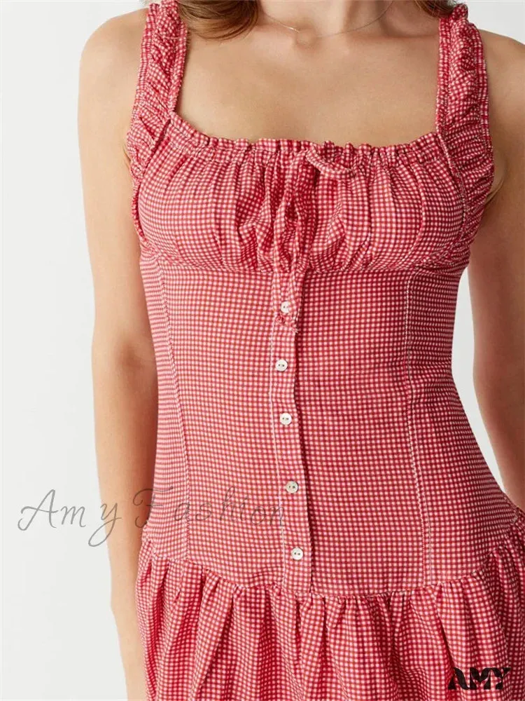 Amy Fashion - Women Summer Sleeveless  Tank Casual Plaid Print Ruffles Party Cocktail Beach Street Ruched Vestidos
