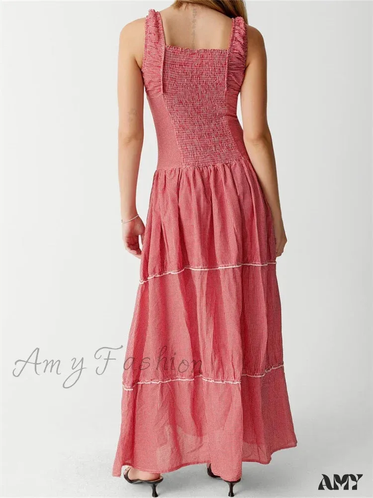 Amy Fashion - Women Summer Sleeveless  Tank Casual Plaid Print Ruffles Party Cocktail Beach Street Ruched Vestidos