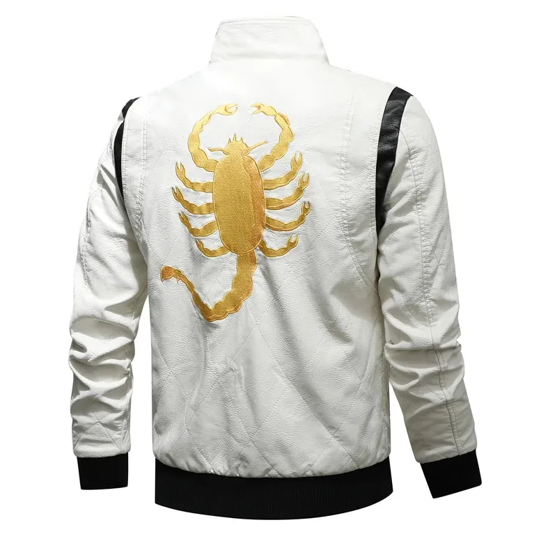 Autumn Winter Bomber Leather Jacket Men Scorpion Embroidery Hooded Jacket PU Leather Motorcycle