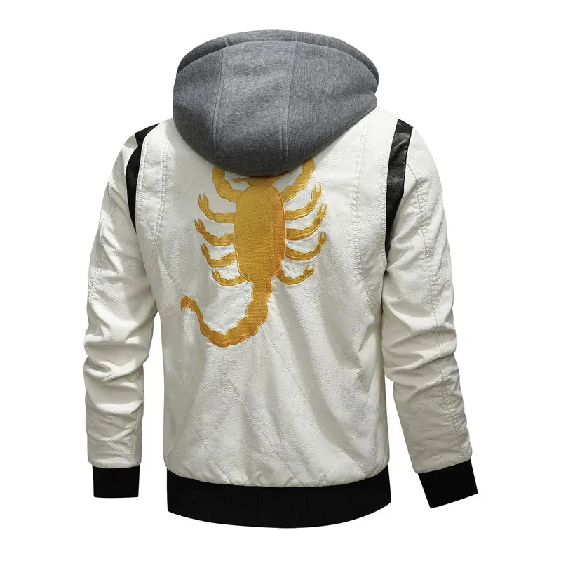 Autumn Winter Bomber Leather Jacket Men Scorpion Embroidery Hooded Jacket PU Leather Motorcycle