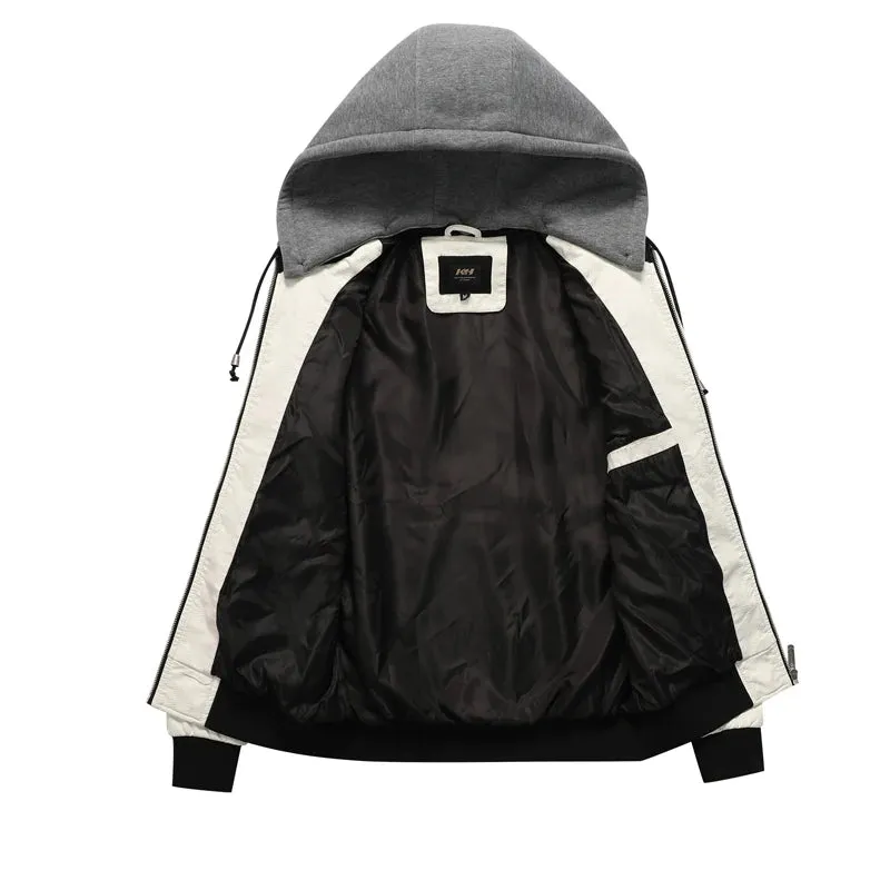 Autumn Winter Bomber Leather Jacket Men Scorpion Embroidery Hooded Jacket PU Leather Motorcycle