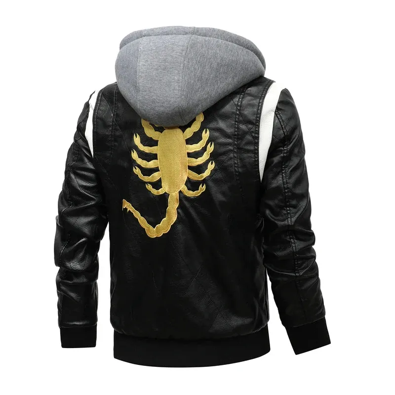 Autumn Winter Bomber Leather Jacket Men Scorpion Embroidery Hooded Jacket PU Leather Motorcycle