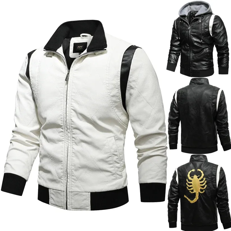 Autumn Winter Bomber Leather Jacket Men Scorpion Embroidery Hooded Jacket PU Leather Motorcycle