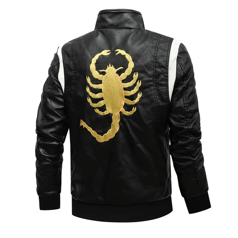 Autumn Winter Bomber Leather Jacket Men Scorpion Embroidery Hooded Jacket PU Leather Motorcycle