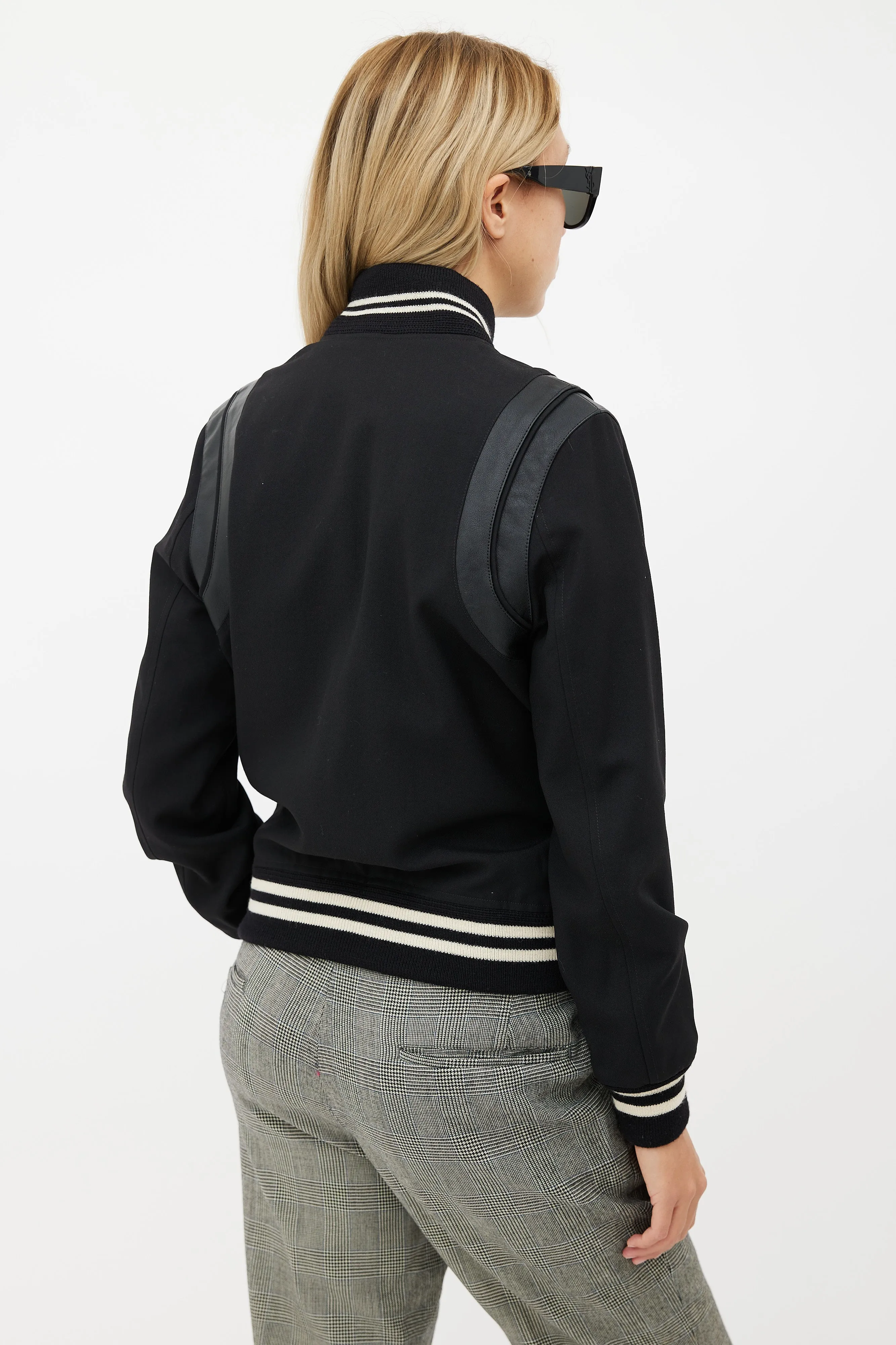 Black Leather Trim Teddy Varsity Jacket
