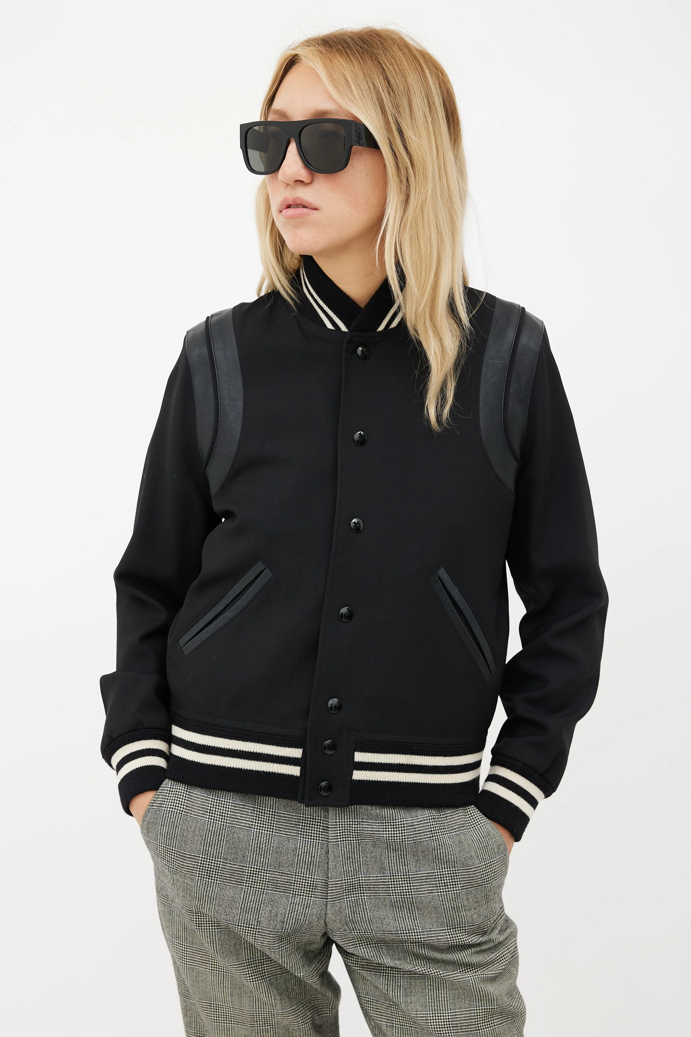 Black Leather Trim Teddy Varsity Jacket