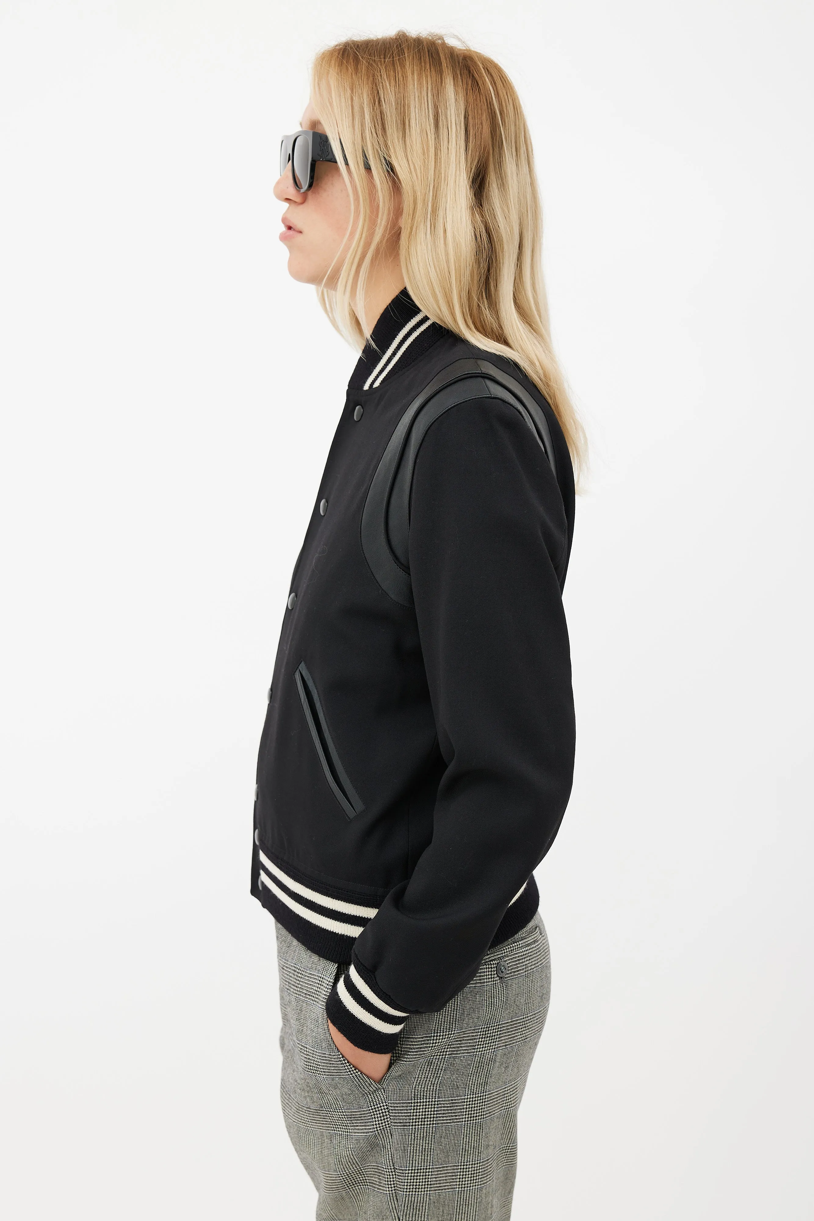 Black Leather Trim Teddy Varsity Jacket