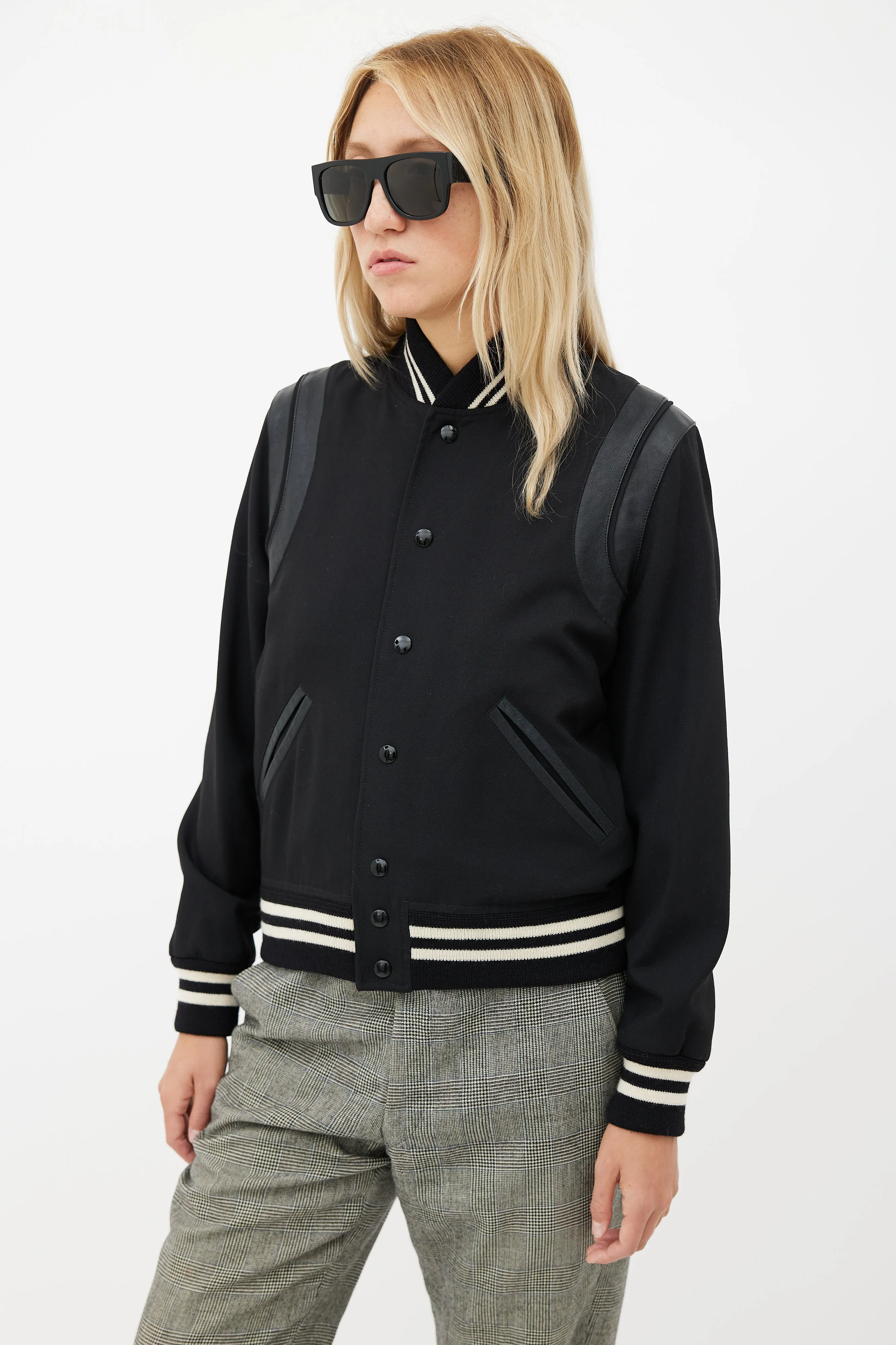 Black Leather Trim Teddy Varsity Jacket