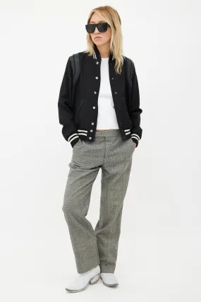 Black Leather Trim Teddy Varsity Jacket
