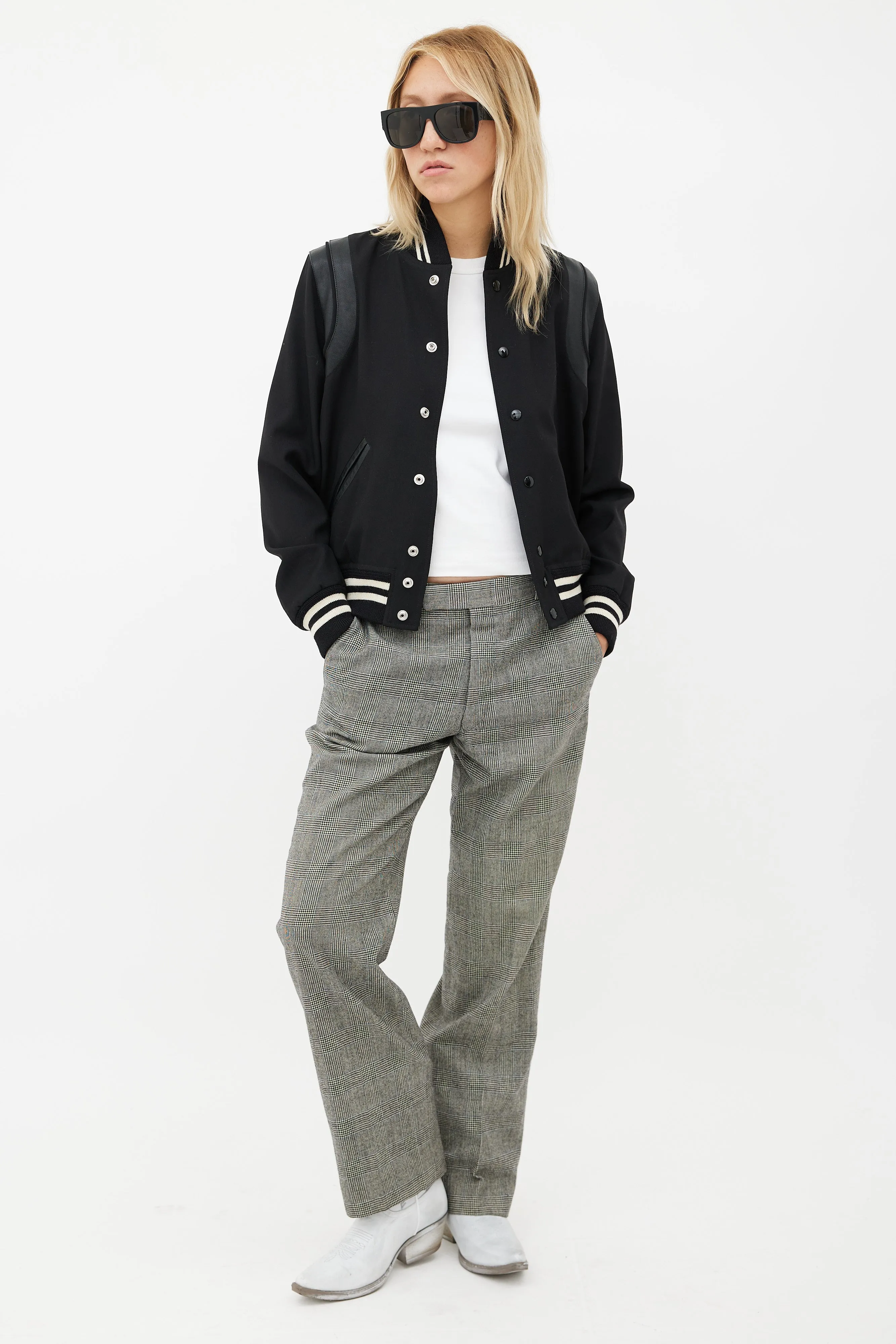 Black Leather Trim Teddy Varsity Jacket