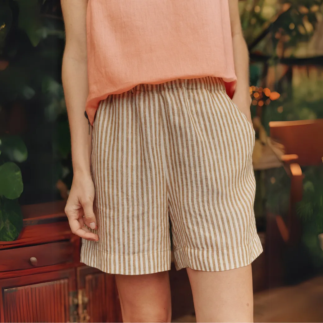 Bronze White Stripes Linen Hip-Hop Shorts