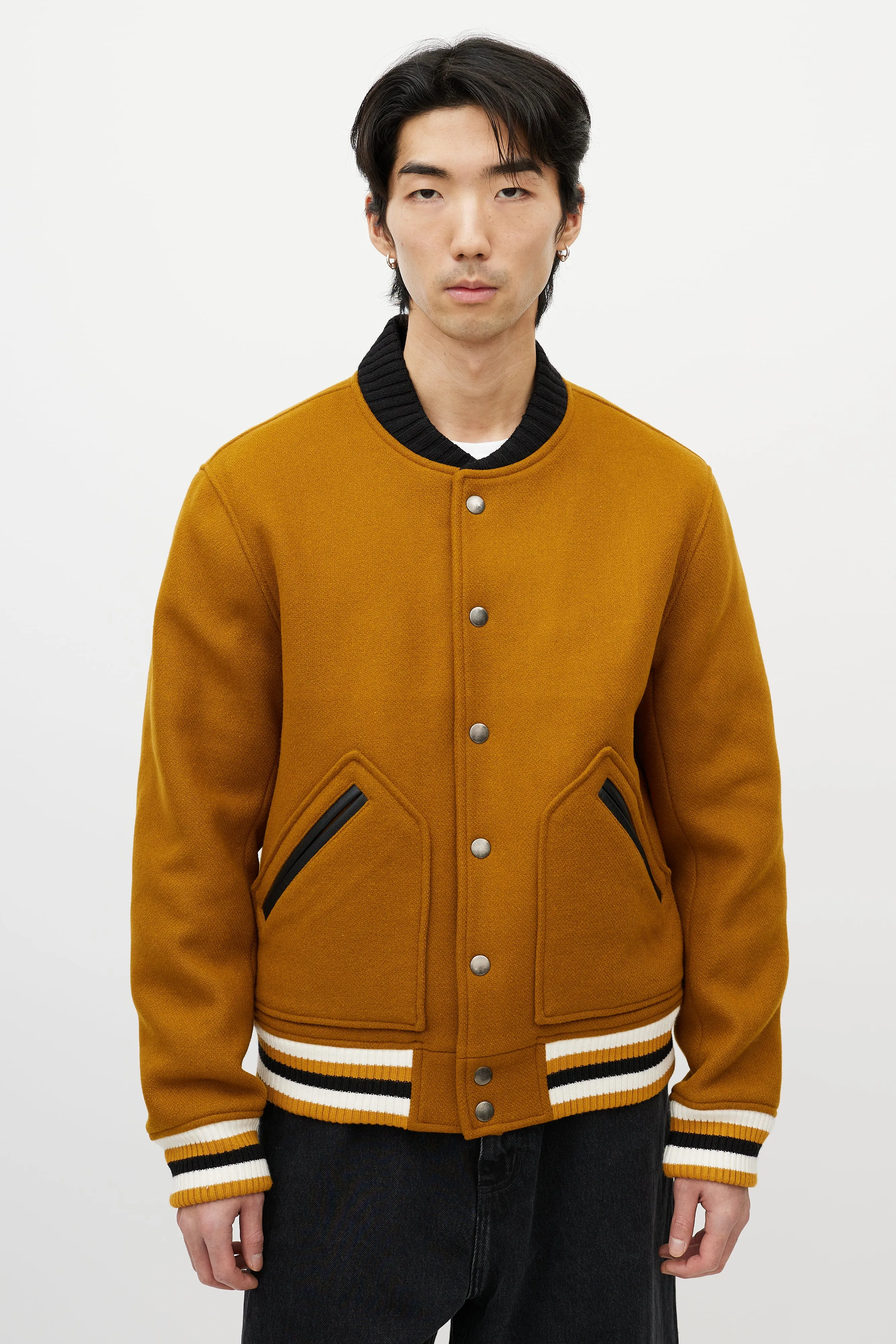 Brown & Multicolour Wool Striped Varsity Jacket