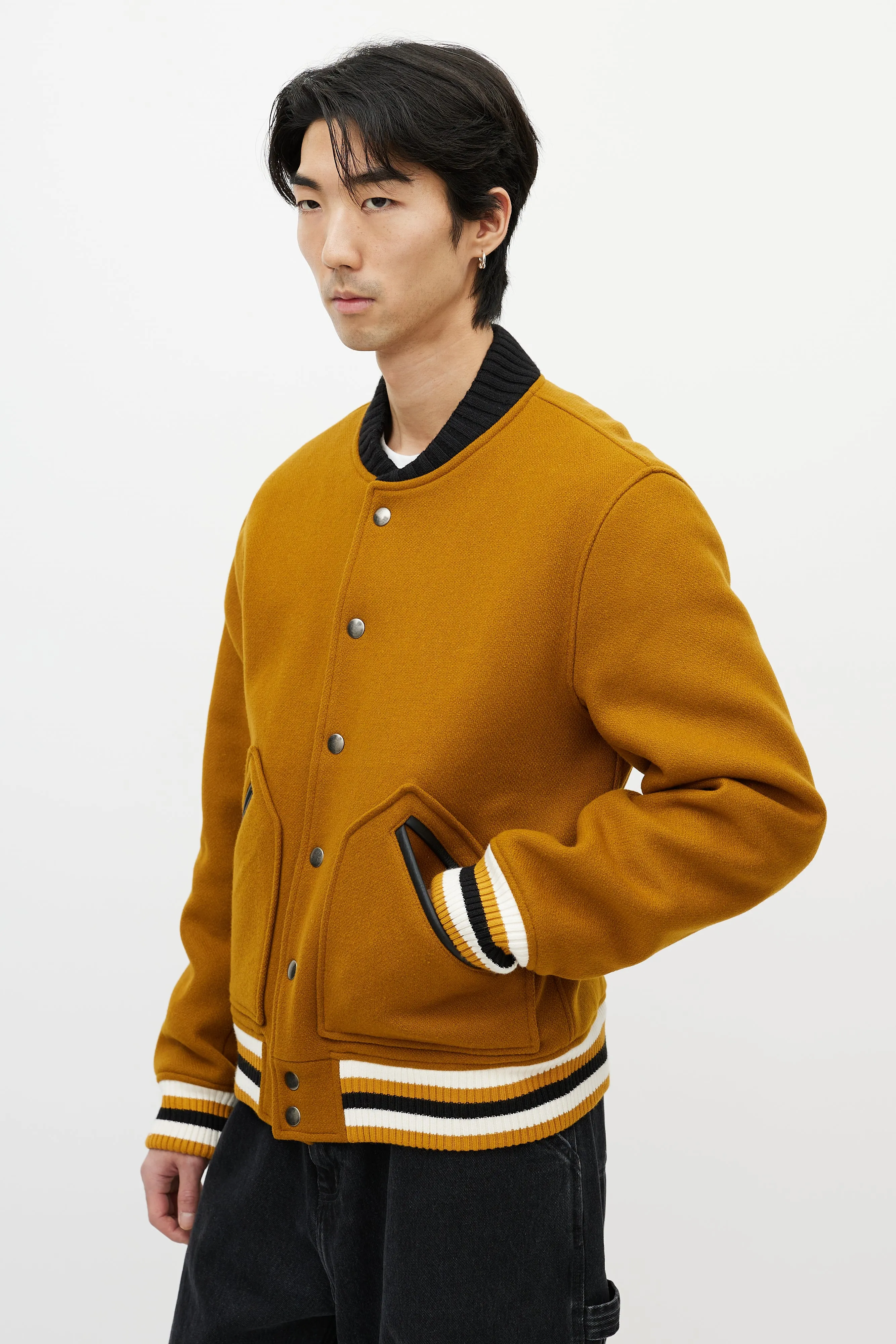 Brown & Multicolour Wool Striped Varsity Jacket