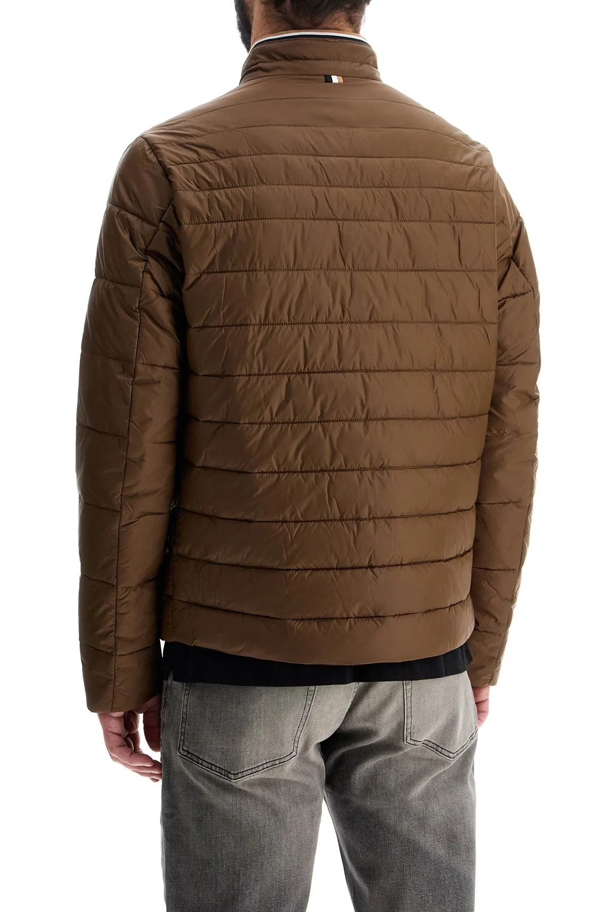 GREEN STRIPED SLIM DOWN JACKET WITH HIGH COLLAR