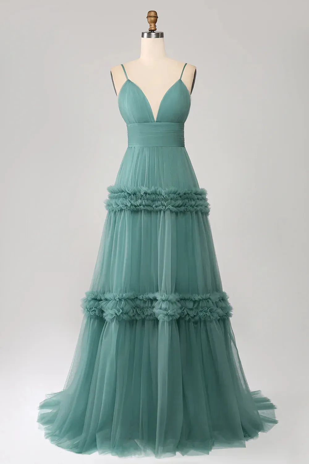 Grey Green A-Line Prom Dresses Spaghetti Straps Pleated Backless Maxi Dress