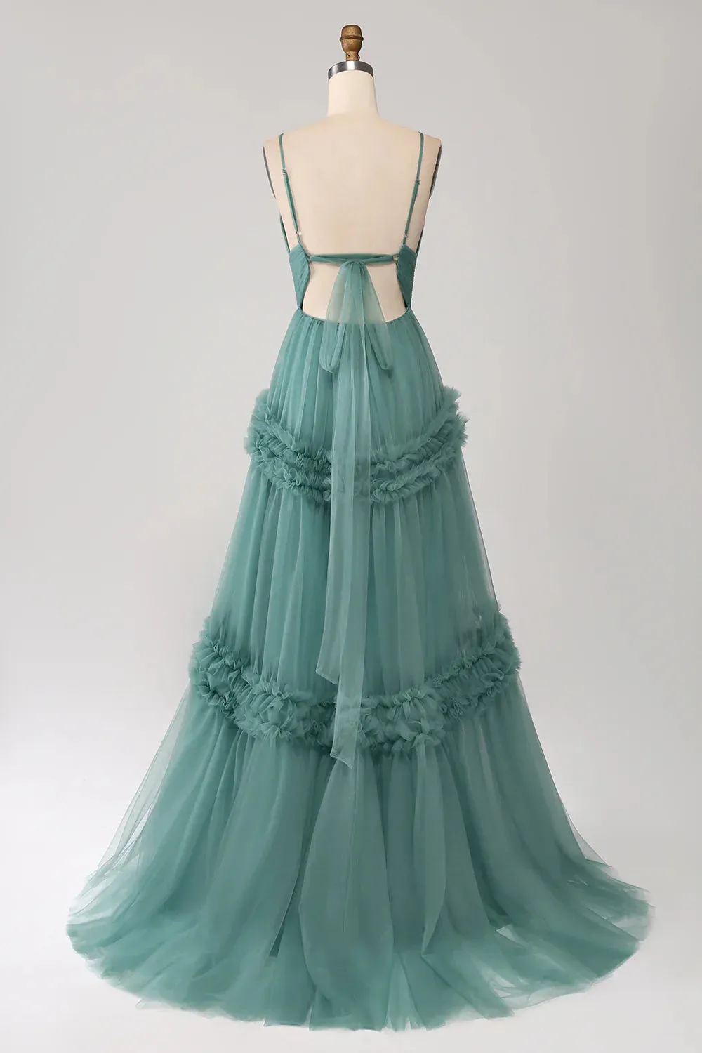 Grey Green A-Line Prom Dresses Spaghetti Straps Pleated Backless Maxi Dress