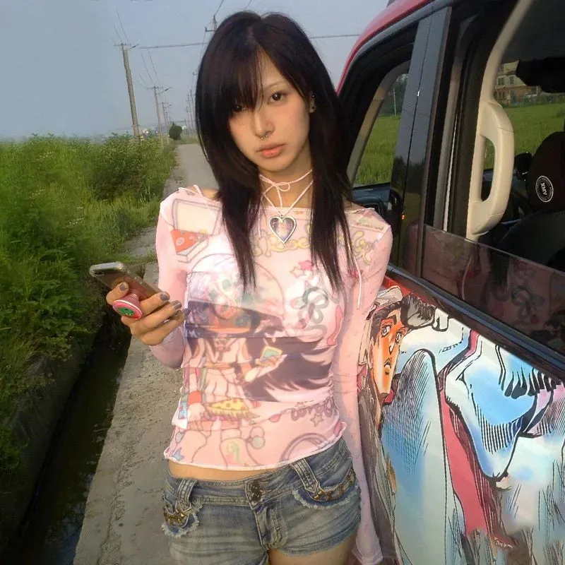 Japanese Anime Print Mesh Tops Kawaii Stil
