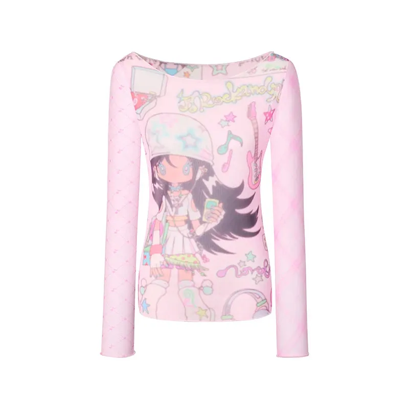 Japanese Anime Print Mesh Tops Kawaii Stil