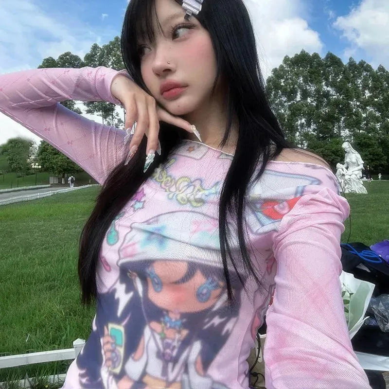 Japanese Anime Print Mesh Tops Kawaii Stil