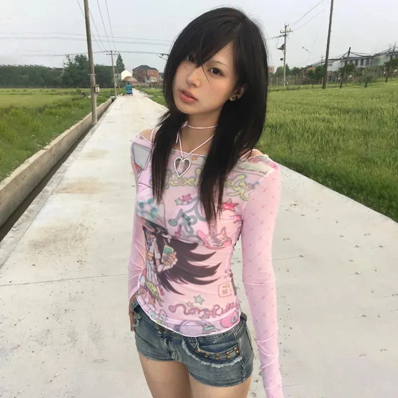 Japanese Anime Print Mesh Tops Kawaii Stil