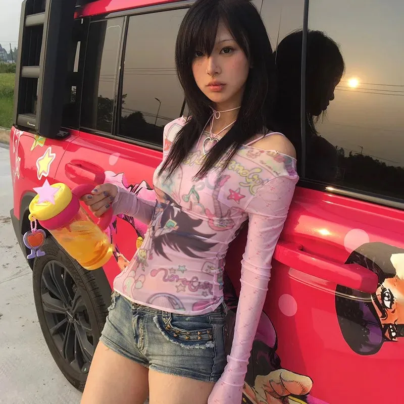Japanese Anime Print Mesh Tops Kawaii Stil