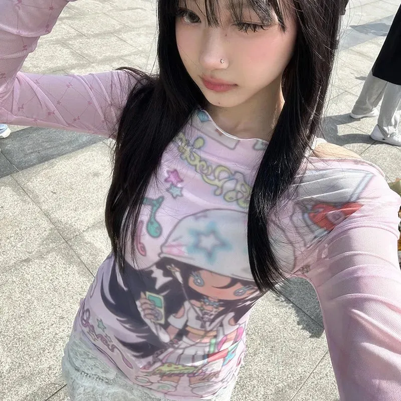 Japanese Anime Print Mesh Tops Kawaii Stil