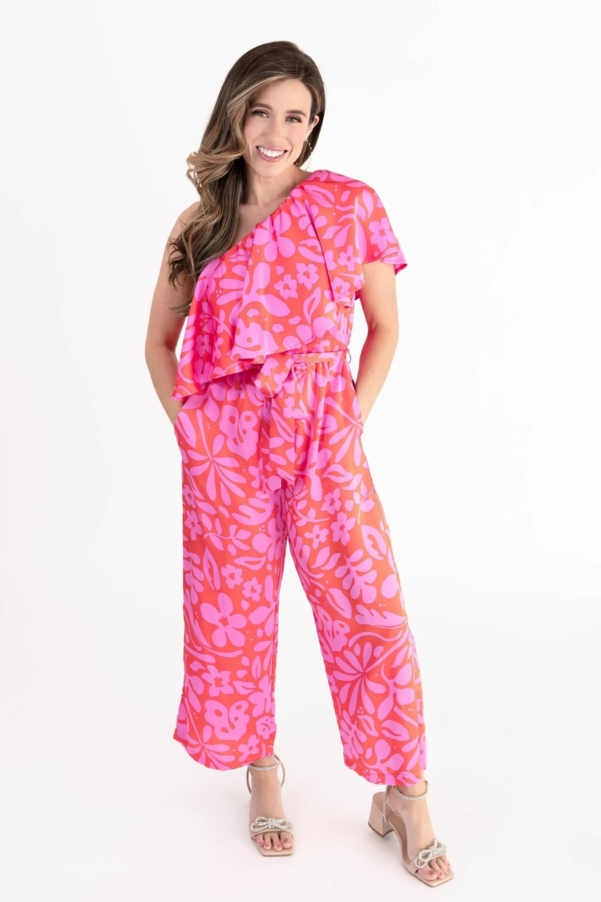 Kiss Me Again Coral One Shoulder Ruffle Cropped Jumpsuit
