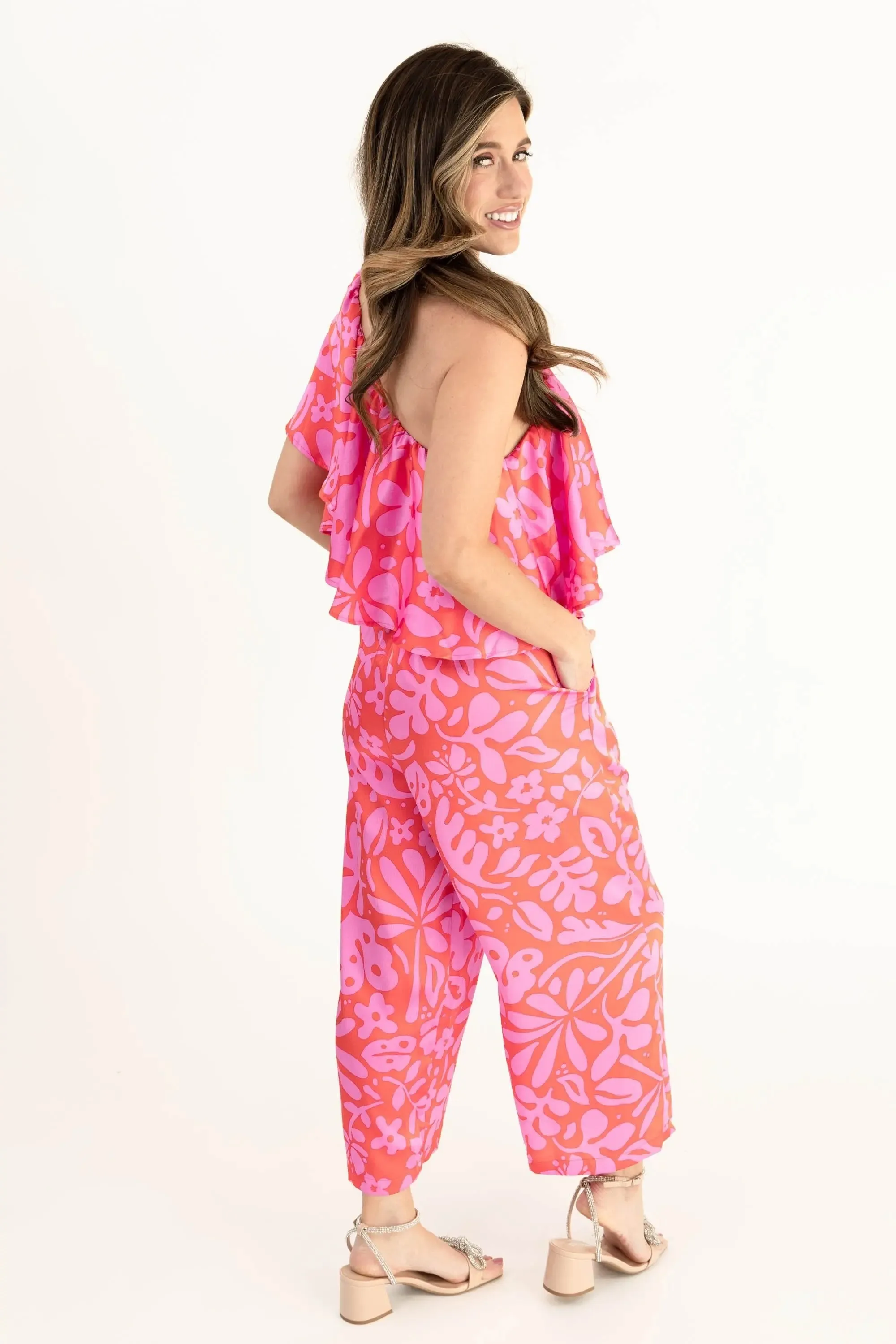 Kiss Me Again Coral One Shoulder Ruffle Cropped Jumpsuit
