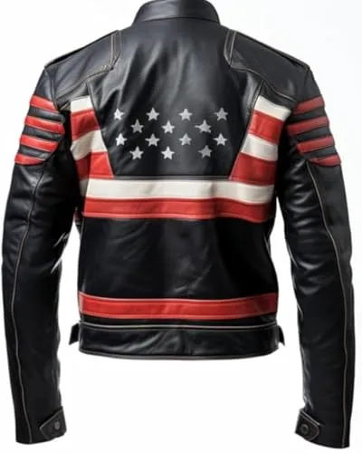 Mens Genuine Leather Jacket with USA Flag Jacket  American Flag Motorcycle Zipper Coat