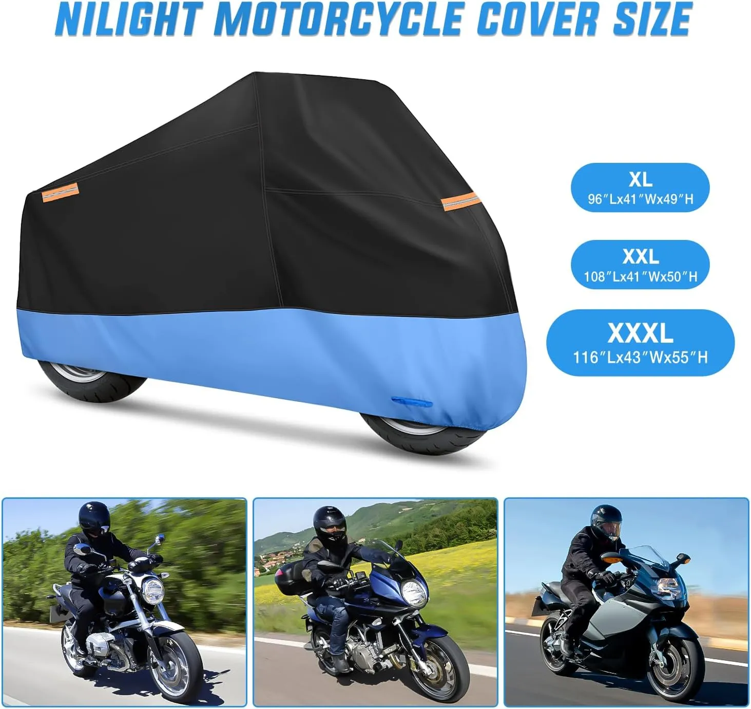 Motorcycle Cover with Lock-Hole Storage Bag & Protective Reflective Strip Fits up to 116 Inch