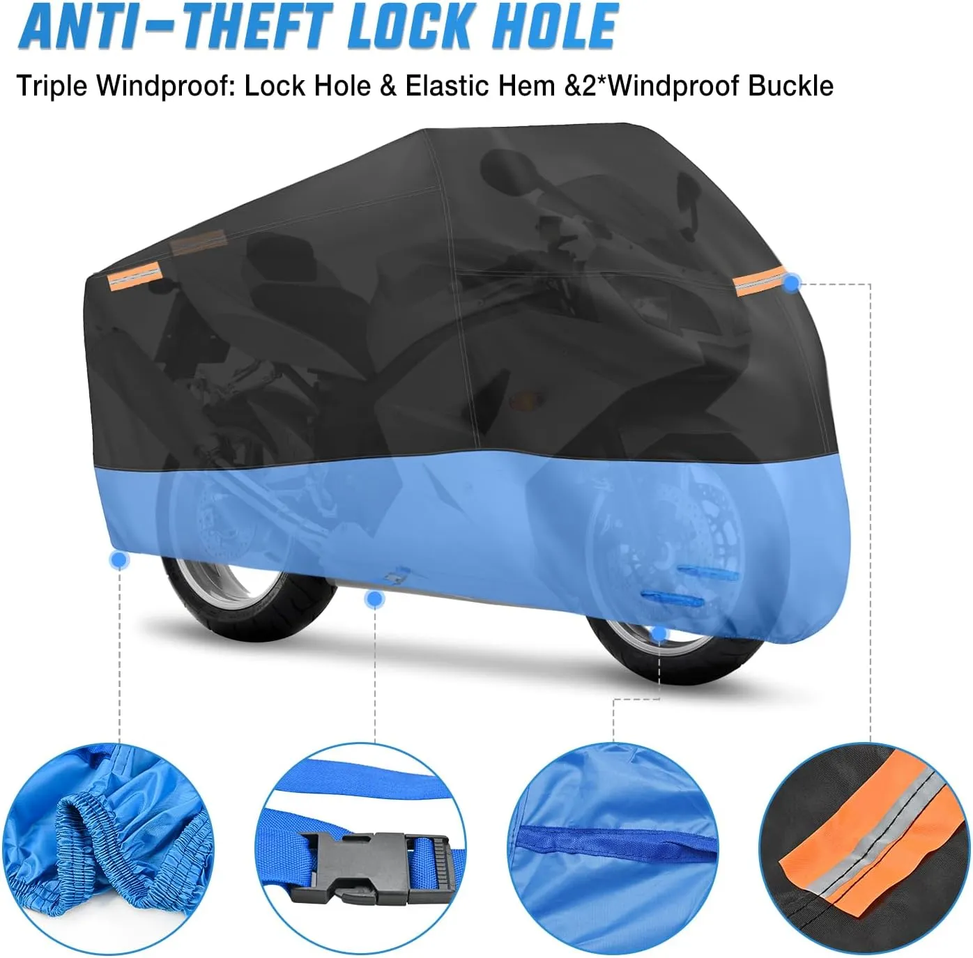Motorcycle Cover with Lock-Hole Storage Bag & Protective Reflective Strip Fits up to 116 Inch