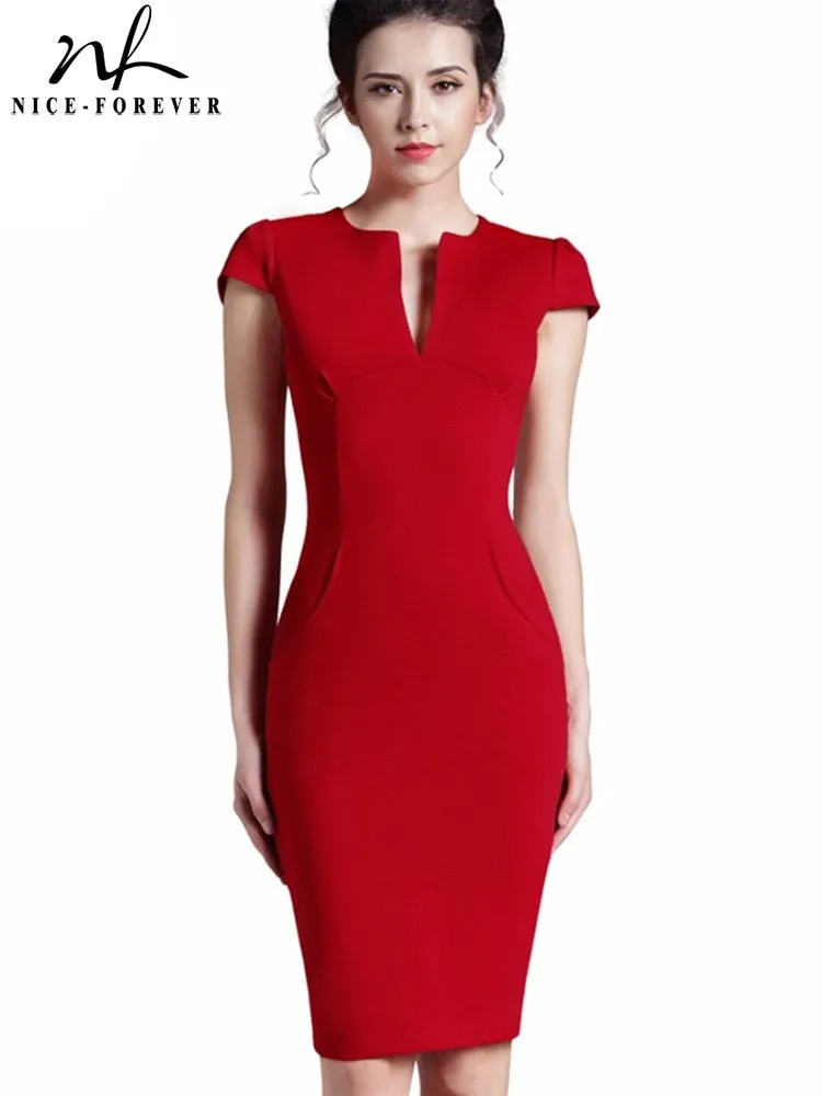 Nice-forever Office Women Vintage Summer Solid Deep V neck Zipper