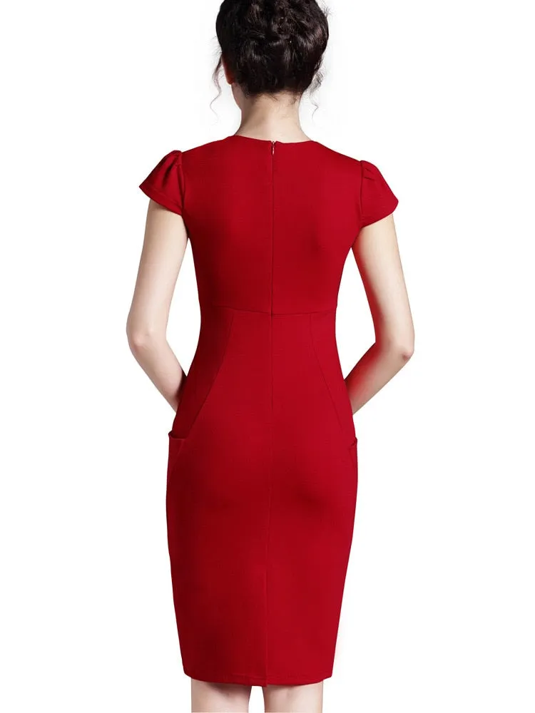 Nice-forever Office Women Vintage Summer Solid Deep V neck Zipper