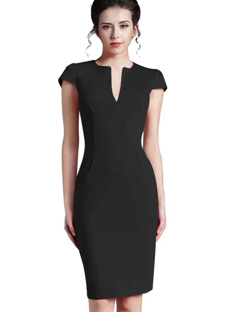 Nice-forever Office Women Vintage Summer Solid Deep V neck Zipper