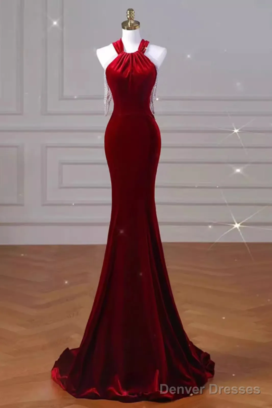 Sexy Mermaid Velvet Party Dresses Red Prom Dresses
