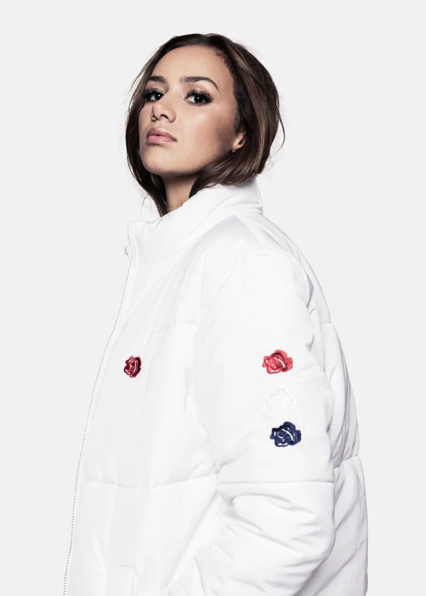 TRIPLE ROSE PUFFER JACKET - WHITE