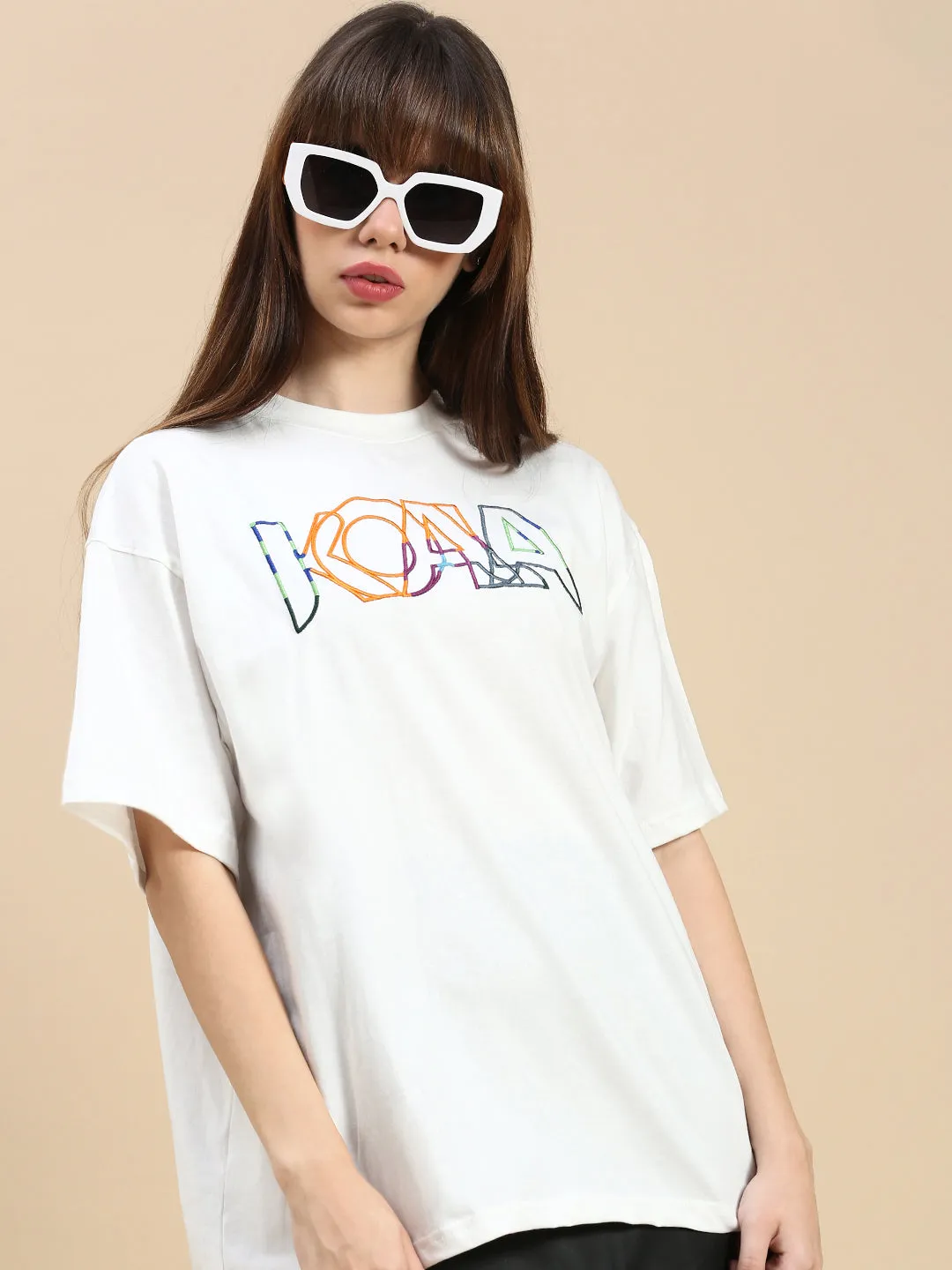White Embroidered Logo Oversized Fit  White TShirt