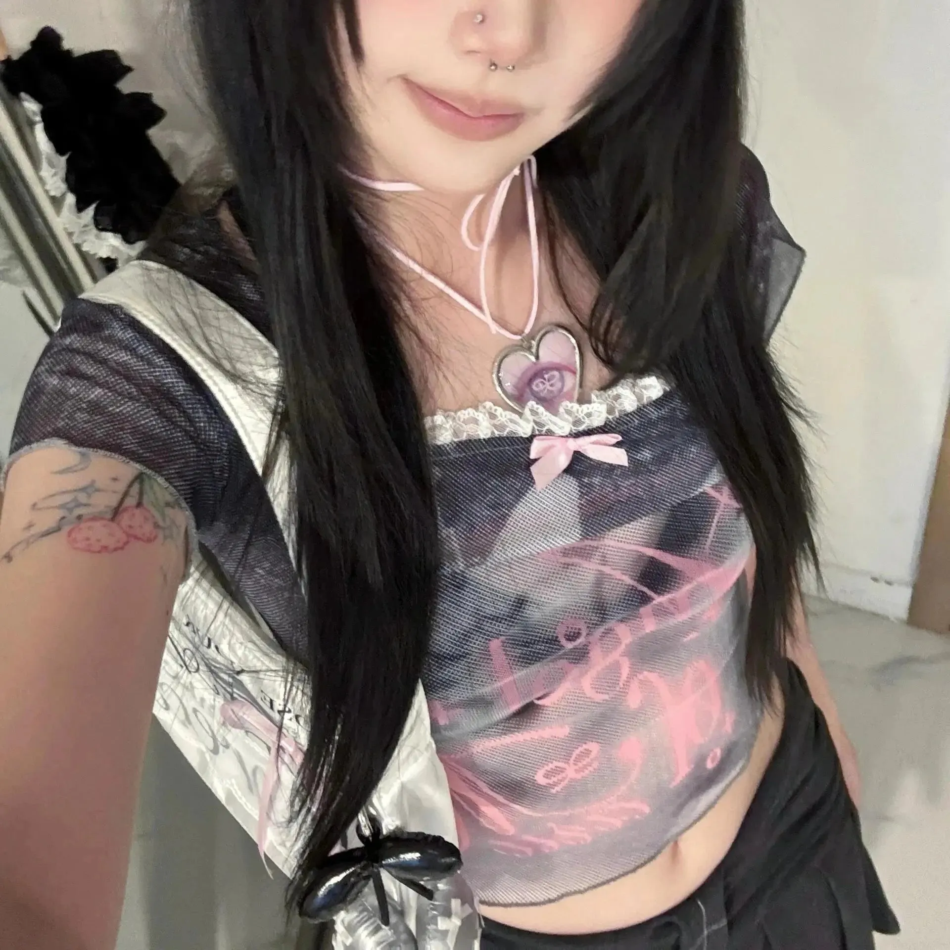 Y2K Mesh Tops mit Tie-Dye Grafik und quadratische